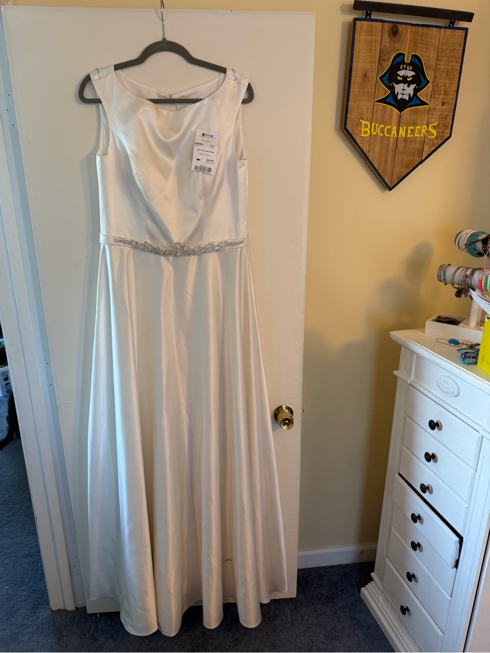 Classic White Satin A-Line Wedding Dress with Beaded Waist